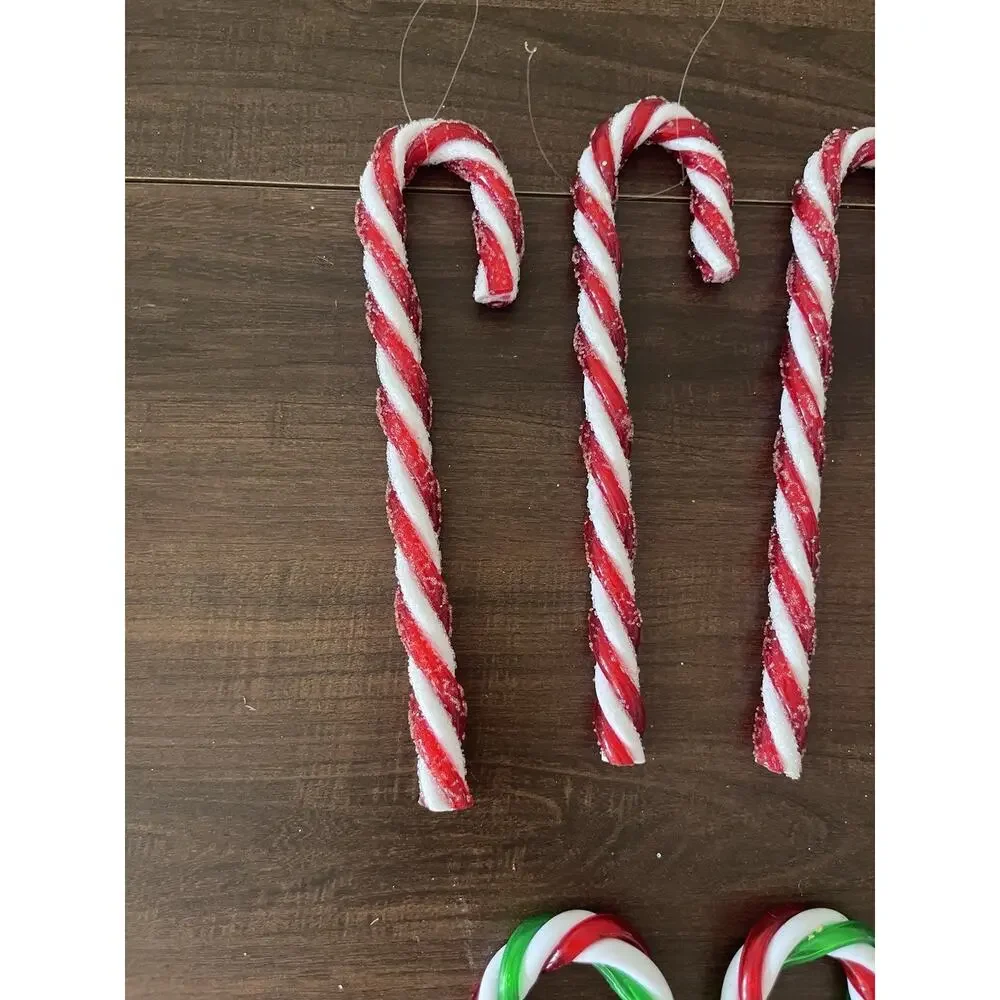 Vintage 8 Christmas Twisted Candy Canes Red White & Green Plastic Sturdy Sugared